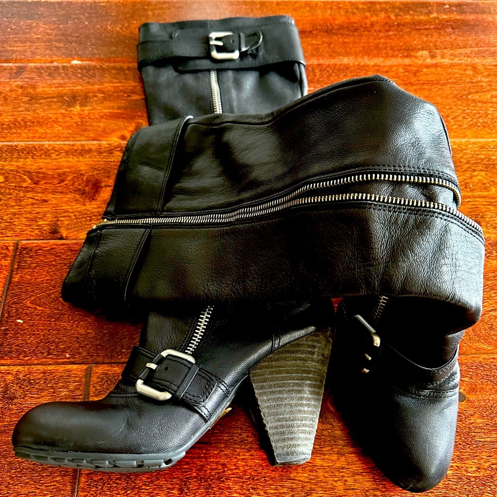 Vince Camuto Black Leather Boots with Silver Accents